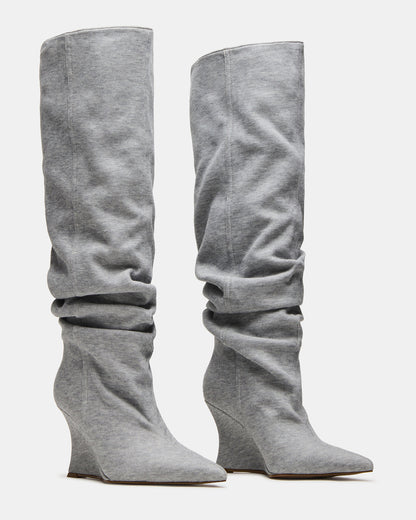 DISTORTION Grey Fabric Pointed-Toe Scrunched Knee-High Wedge Women's Boot | Steve Madden Everyday