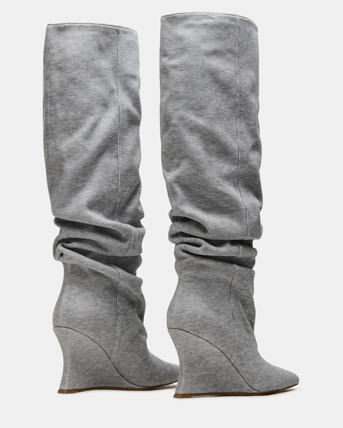 DISTORTION Grey Fabric Pointed-Toe Scrunched Knee-High Wedge Women's Boot | Steve Madden Everyday
