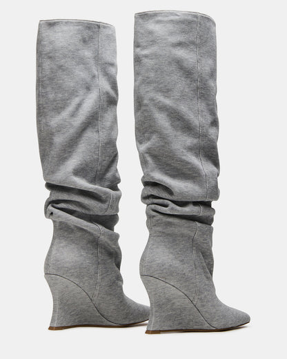 DISTORTION Grey Fabric Pointed-Toe Scrunched Knee-High Wedge Women's Boot | Steve Madden Everyday