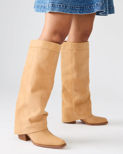 WINNICK Banana Leather Knee-High Cuffed Fold-Over Block Heel Women's Boot | Steve Madden Latest