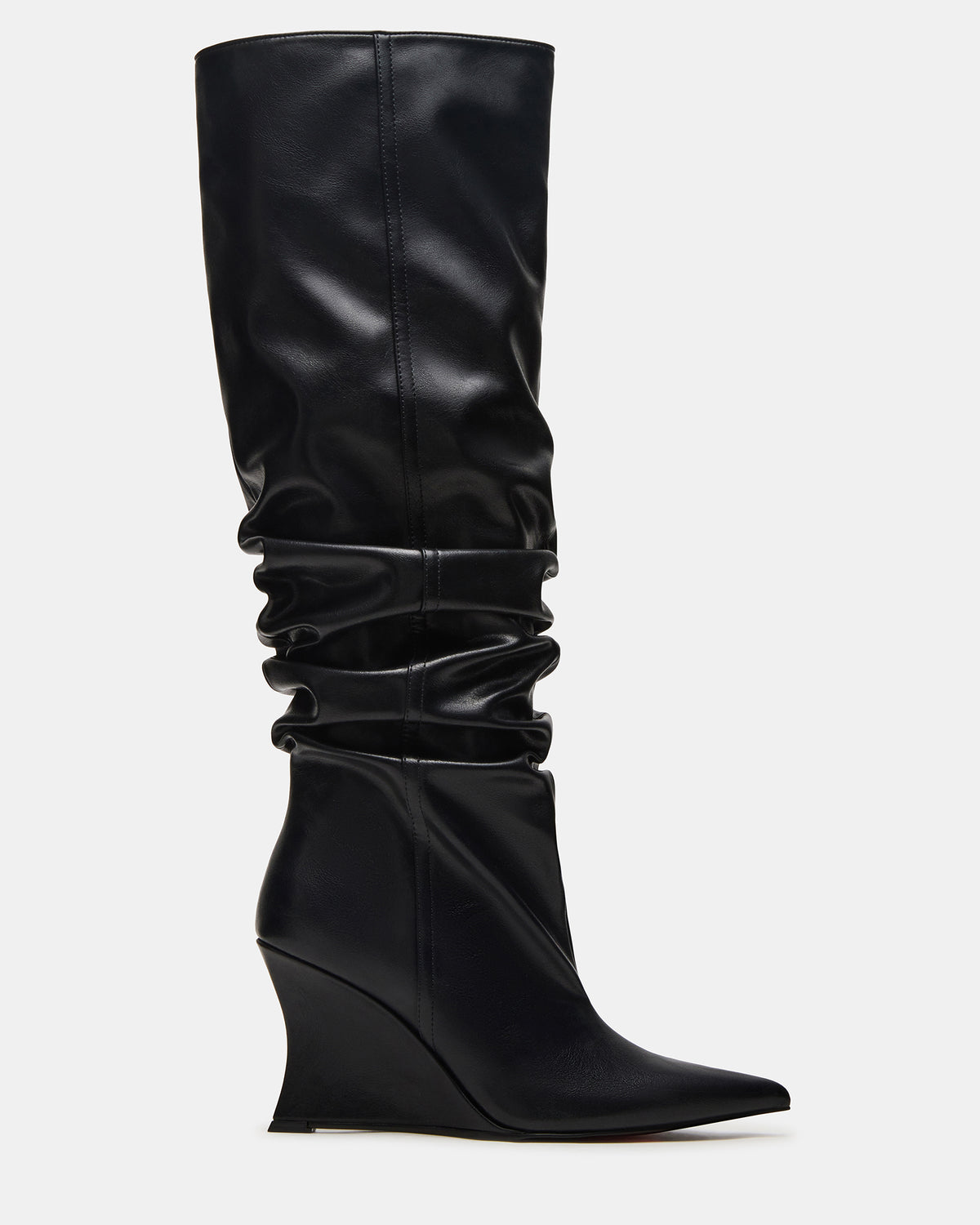 DISTORTION Black Pointed-Toe Scrunched Knee-High Wedge Women's Boot | Steve Madden Latest