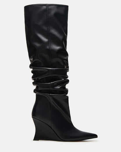 DISTORTION Black Pointed-Toe Scrunched Knee-High Wedge Women's Boot | Steve Madden Latest