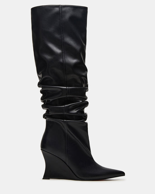 DISTORTION Black Pointed-Toe Scrunched Knee-High Wedge Women's Boot | Steve Madden Latest