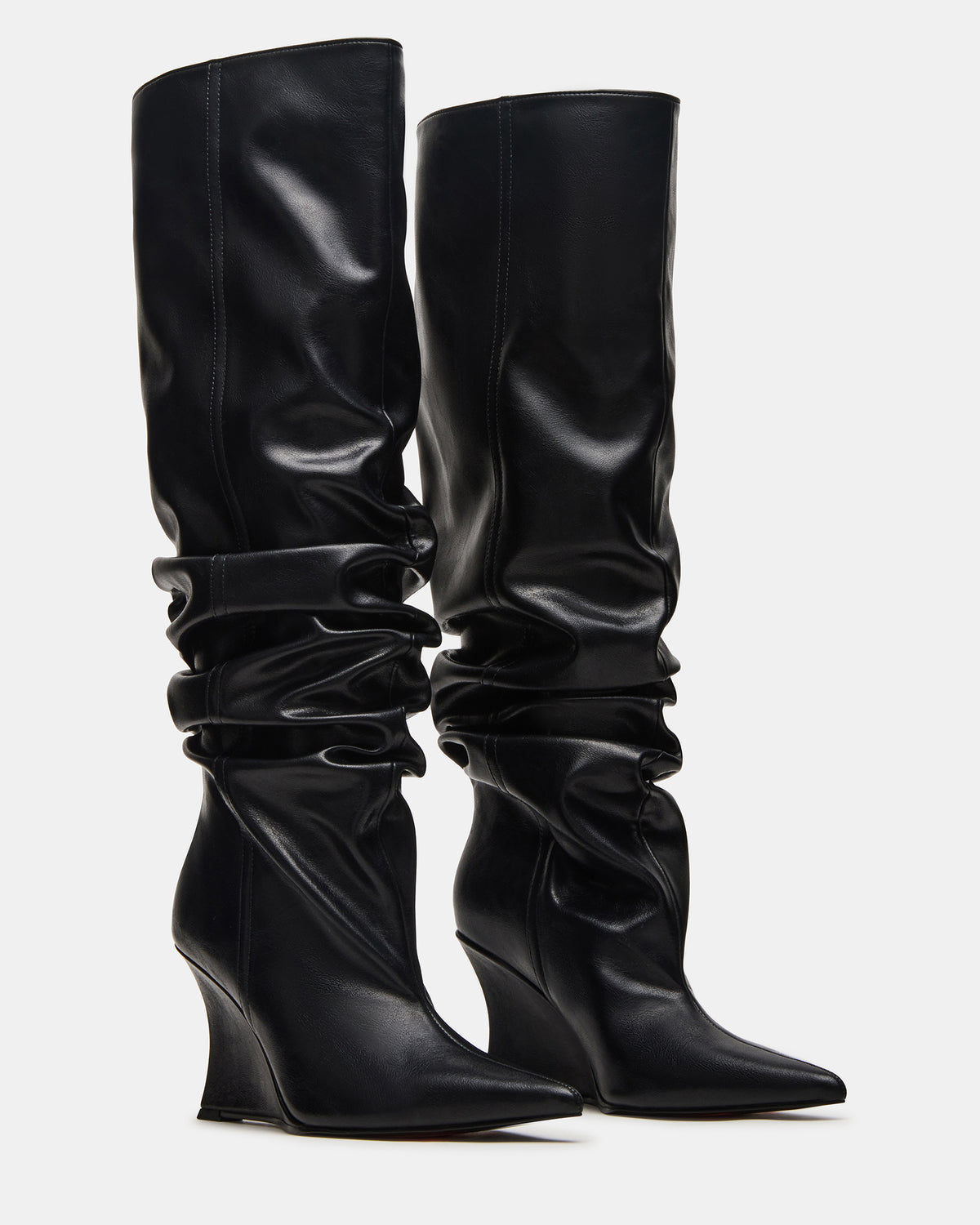 DISTORTION Black Pointed-Toe Scrunched Knee-High Wedge Women's Boot | Steve Madden Latest