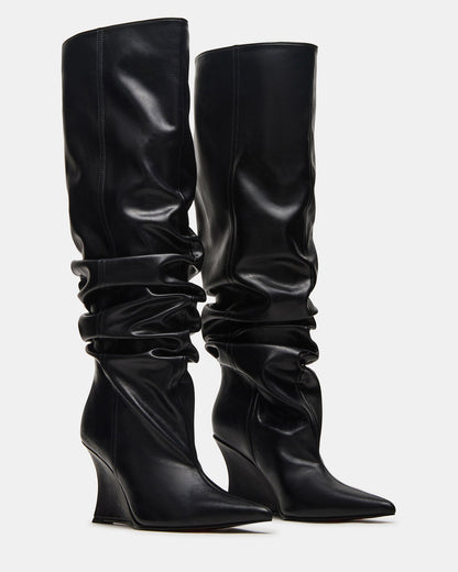 DISTORTION Black Pointed-Toe Scrunched Knee-High Wedge Women's Boot | Steve Madden Latest