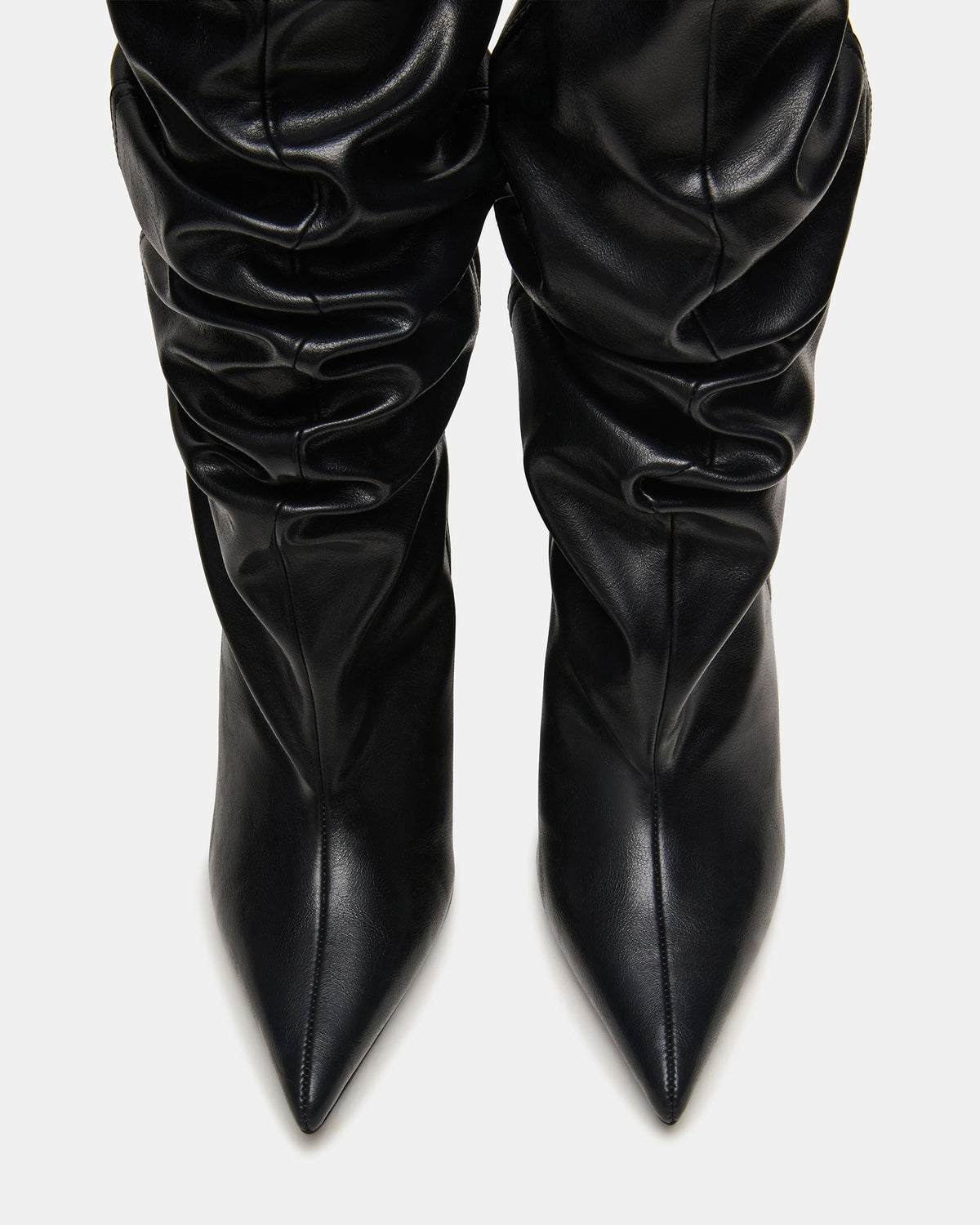 DISTORTION Black Pointed-Toe Scrunched Knee-High Wedge Women's Boot | Steve Madden Latest
