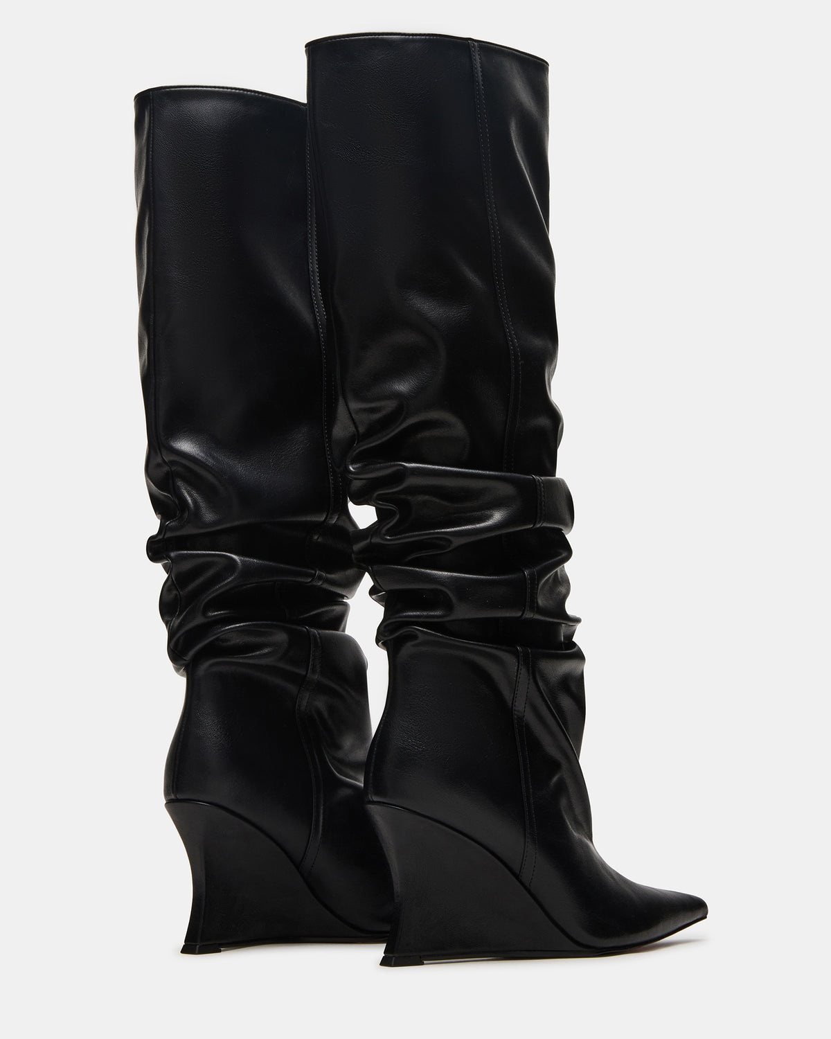 DISTORTION Black Pointed-Toe Scrunched Knee-High Wedge Women's Boot | Steve Madden Latest