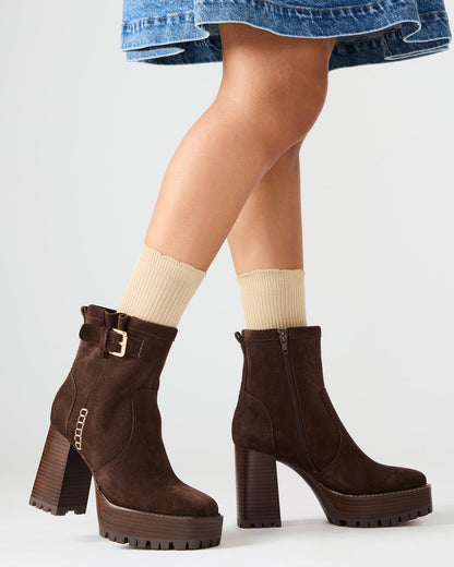 SUMMIT Dark Brown Suede Platform Lug Block Heel Women's Ankle Boot | Steve Madden Recommended
