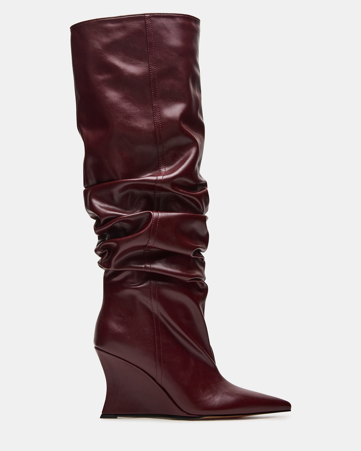 DISTORTION Burgundy Pointed-Toe Scrunched Knee-High Wedge Women's Boot | Steve Madden Hot Sale