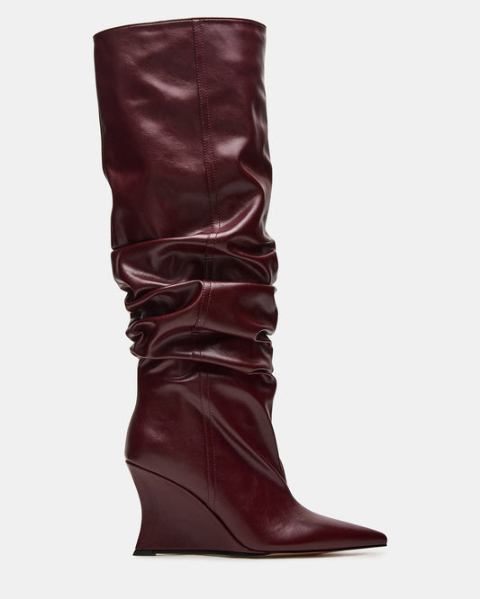 DISTORTION Burgundy Pointed-Toe Scrunched Knee-High Wedge Women's Boot | Steve Madden Hot Sale