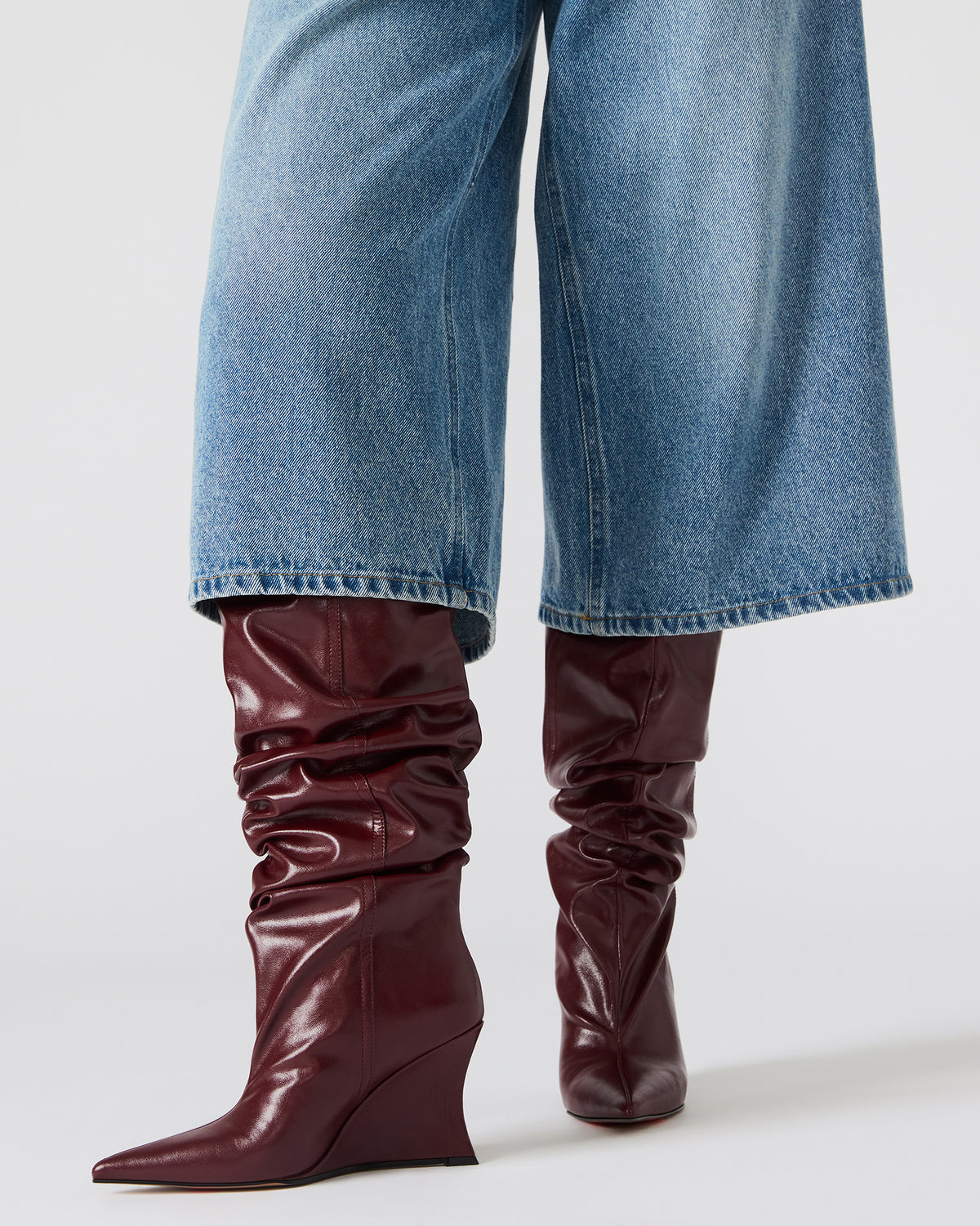 DISTORTION Burgundy Pointed-Toe Scrunched Knee-High Wedge Women's Boot | Steve Madden Hot Sale