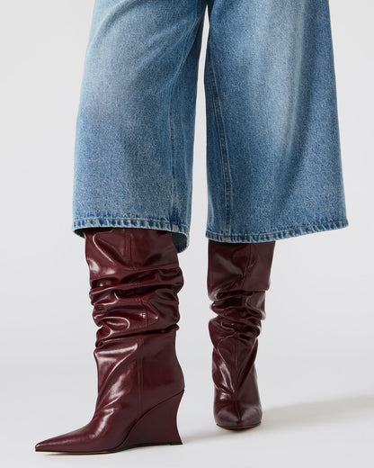 DISTORTION Burgundy Pointed-Toe Scrunched Knee-High Wedge Women's Boot | Steve Madden Hot Sale