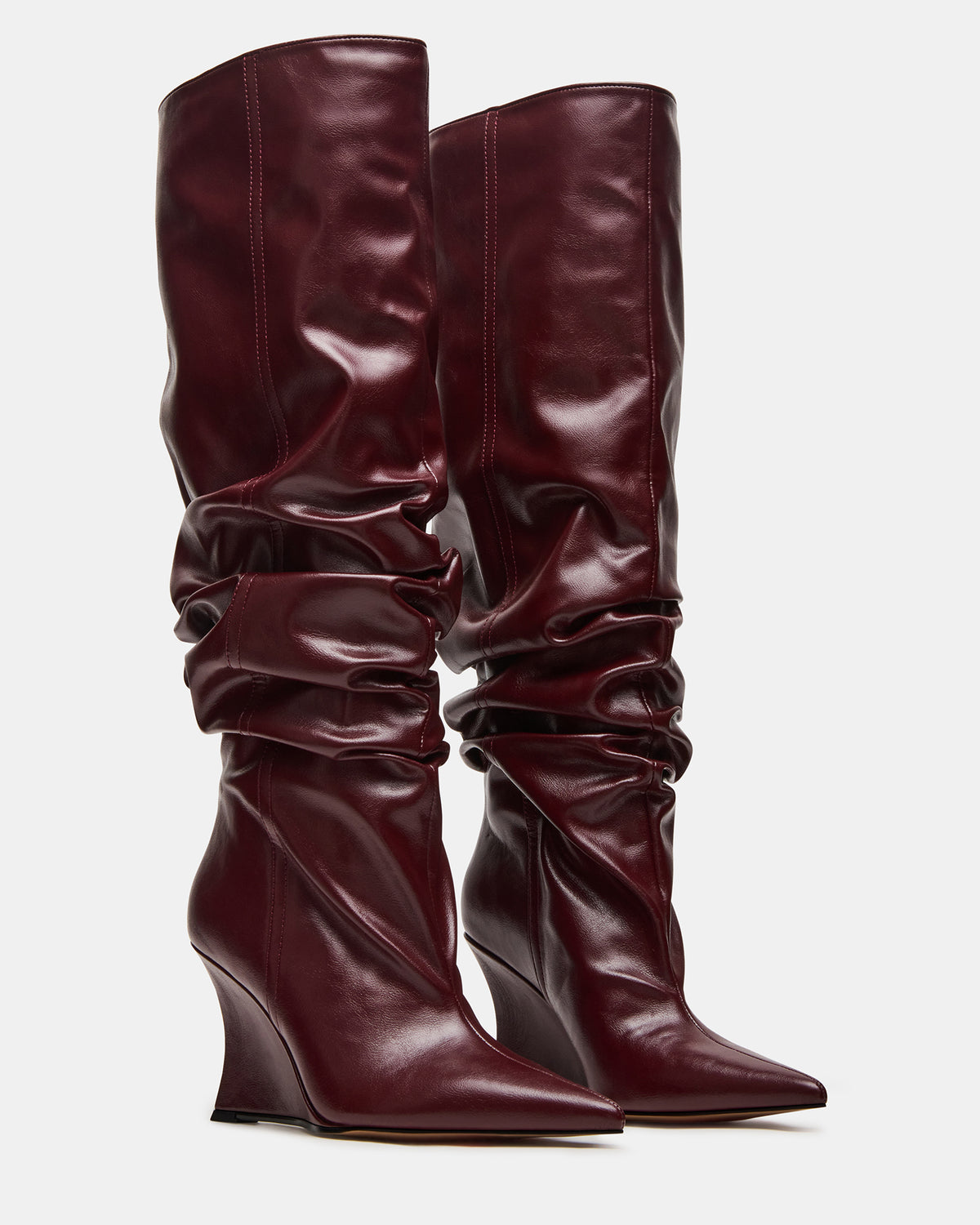 DISTORTION Burgundy Pointed-Toe Scrunched Knee-High Wedge Women's Boot | Steve Madden Hot Sale