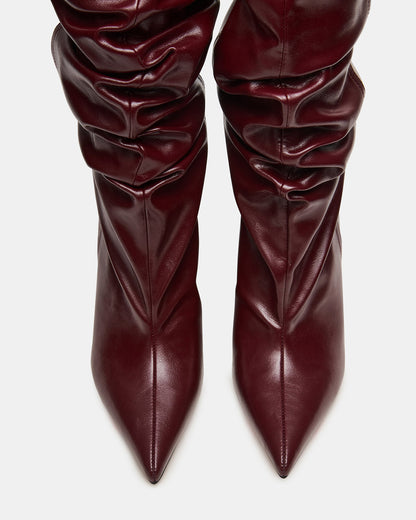 DISTORTION Burgundy Pointed-Toe Scrunched Knee-High Wedge Women's Boot | Steve Madden Hot Sale