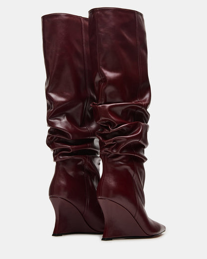 DISTORTION Burgundy Pointed-Toe Scrunched Knee-High Wedge Women's Boot | Steve Madden Hot Sale