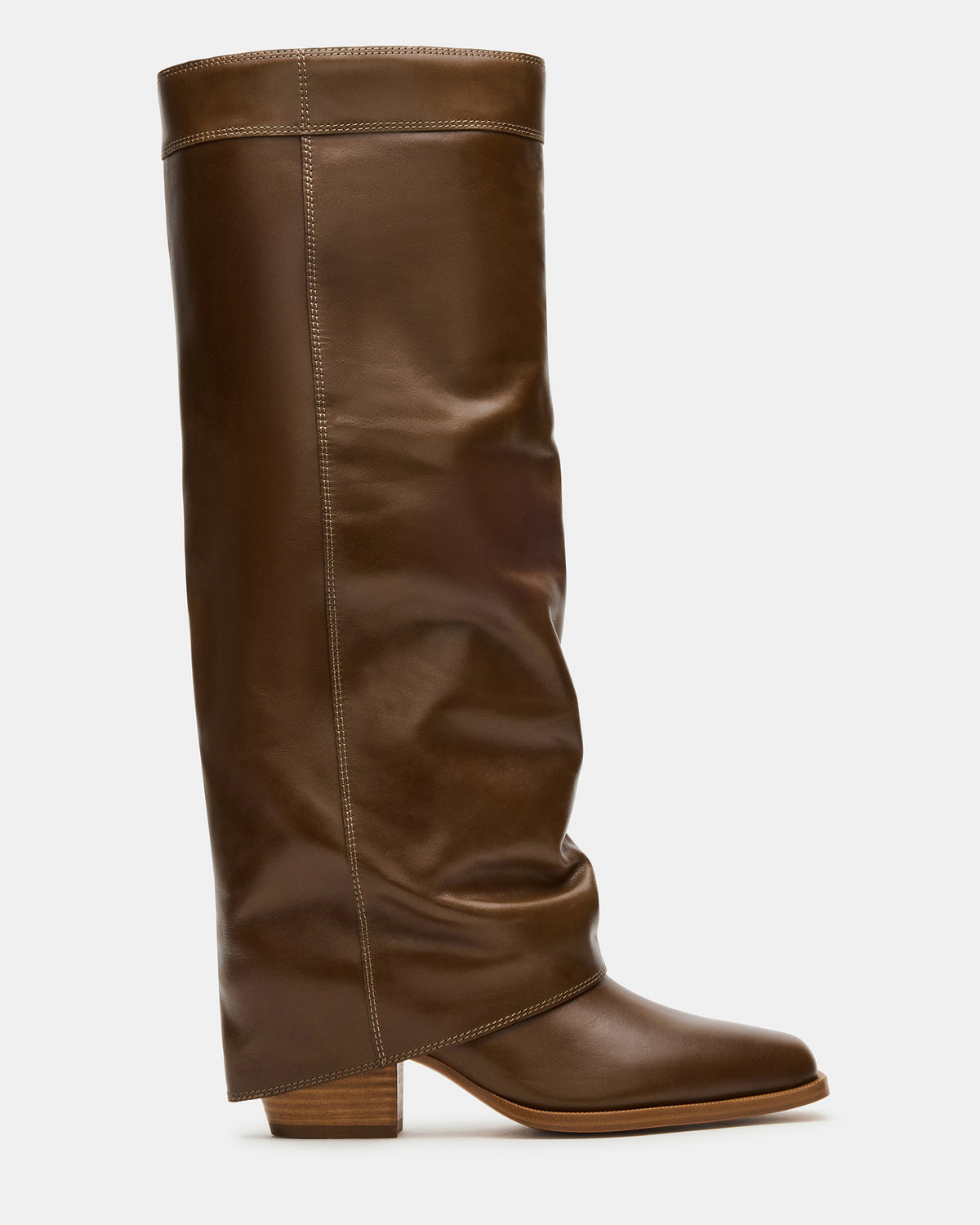 WINNICK Olive Leather Knee-High Cuffed Fold-Over Block Heel Women's Boot | Steve Madden Best Seller