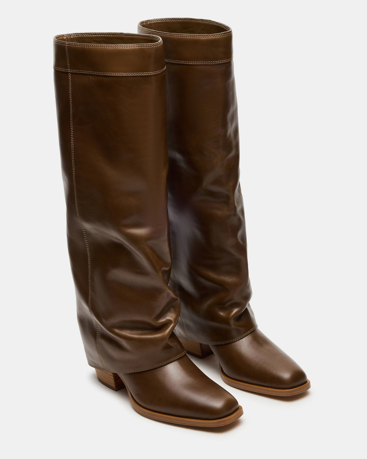 WINNICK Olive Leather Knee-High Cuffed Fold-Over Block Heel Women's Boot | Steve Madden Best Seller