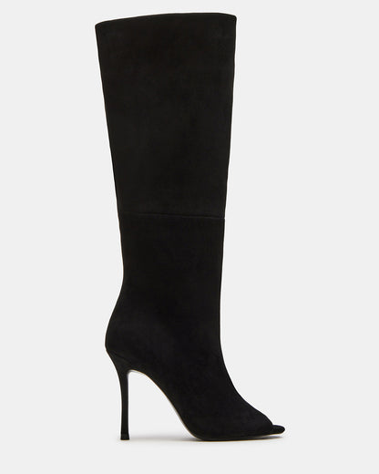 PEGGIE Black Suede Stiletto Heel Peep Toe Women's Boots | Steve Madden New
