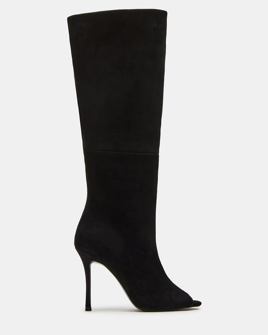 PEGGIE Black Suede Stiletto Heel Peep Toe Women's Boots | Steve Madden New