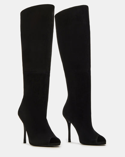PEGGIE Black Suede Stiletto Heel Peep Toe Women's Boots | Steve Madden New