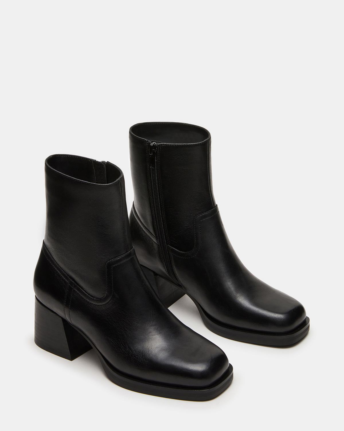 LATCHES Black Leather Square-Toe Block Heel Women's Ankle Boot | Steve Madden Quality