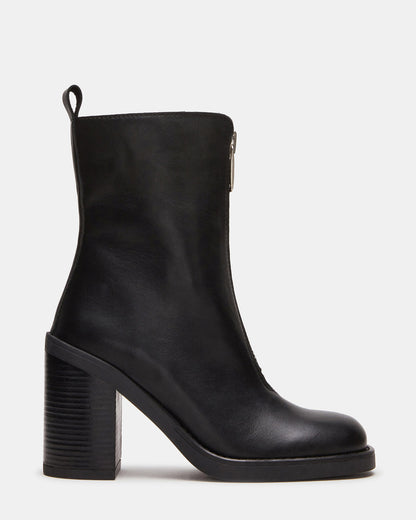 DECLAN Black Leather Block Heeled Ankle Boot | Women's Booties | Steve Madden Value