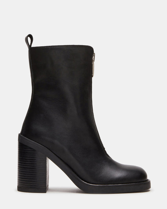 DECLAN Black Leather Block Heeled Ankle Boot | Women's Booties | Steve Madden Value