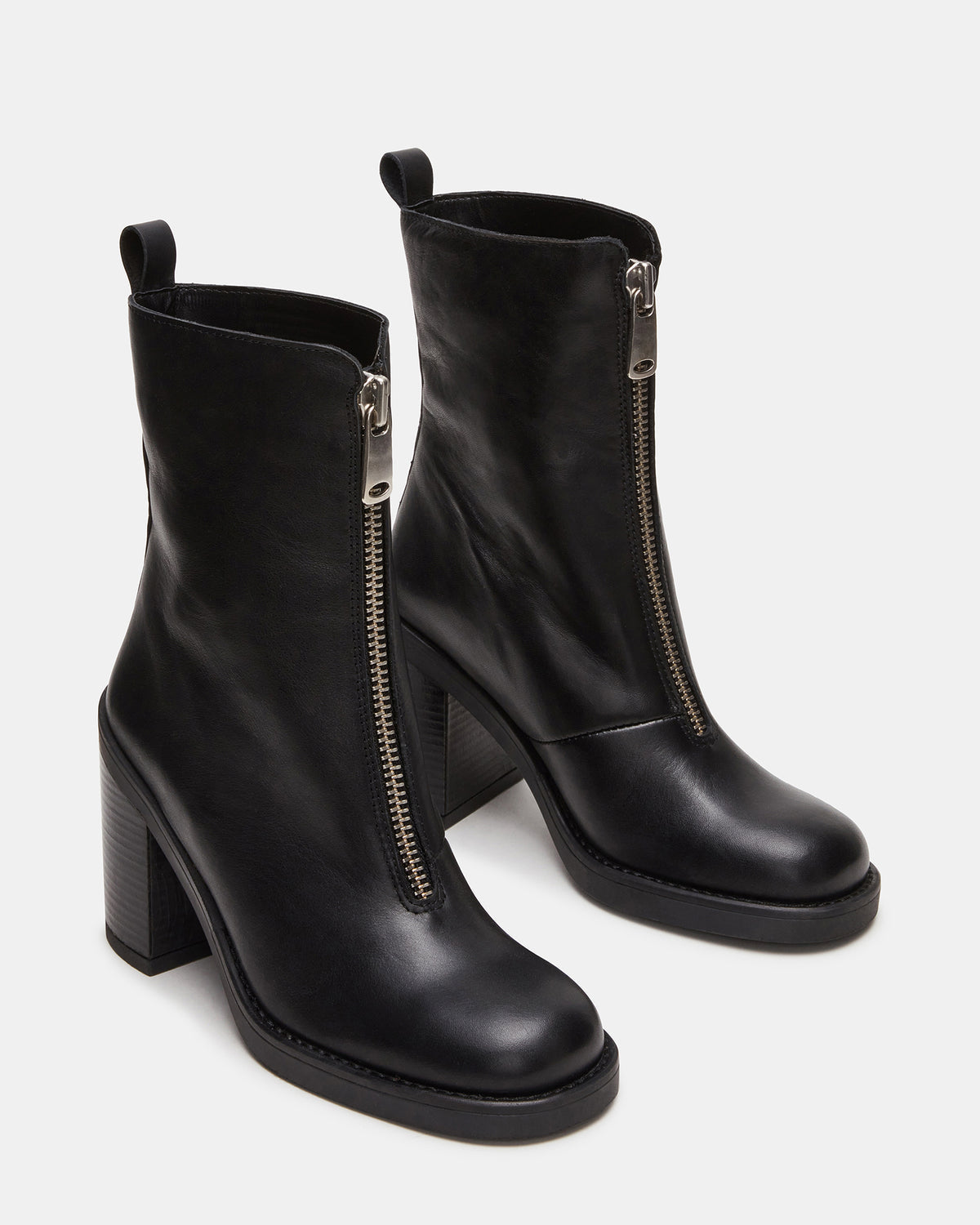 DECLAN Black Leather Block Heeled Ankle Boot | Women's Booties | Steve Madden Value