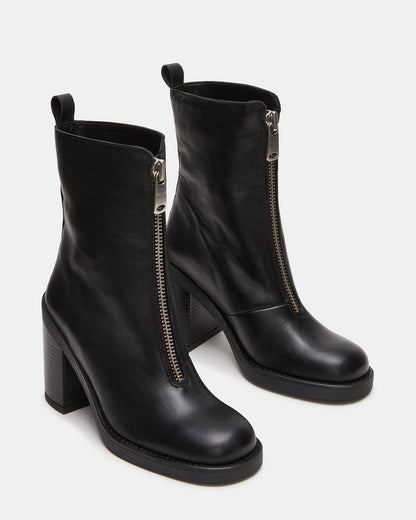 DECLAN Black Leather Block Heeled Ankle Boot | Women's Booties | Steve Madden Value