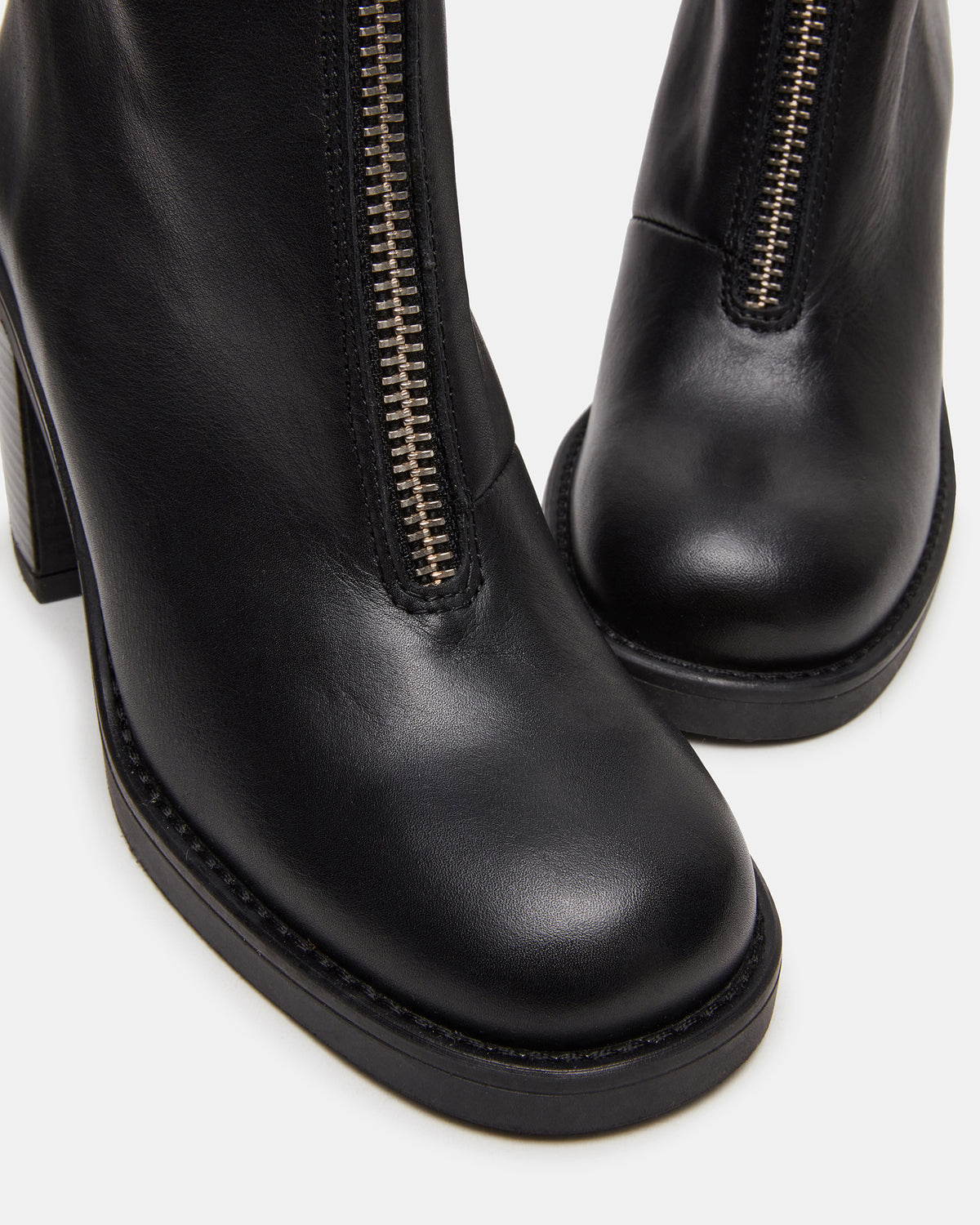 DECLAN Black Leather Block Heeled Ankle Boot | Women's Booties | Steve Madden Value