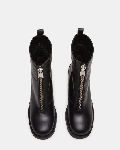 DECLAN Black Leather Block Heeled Ankle Boot | Women's Booties | Steve Madden Value