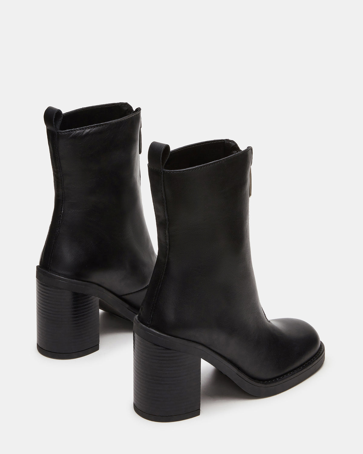 DECLAN Black Leather Block Heeled Ankle Boot | Women's Booties | Steve Madden Value