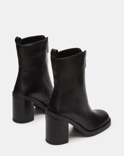 DECLAN Black Leather Block Heeled Ankle Boot | Women's Booties | Steve Madden Value