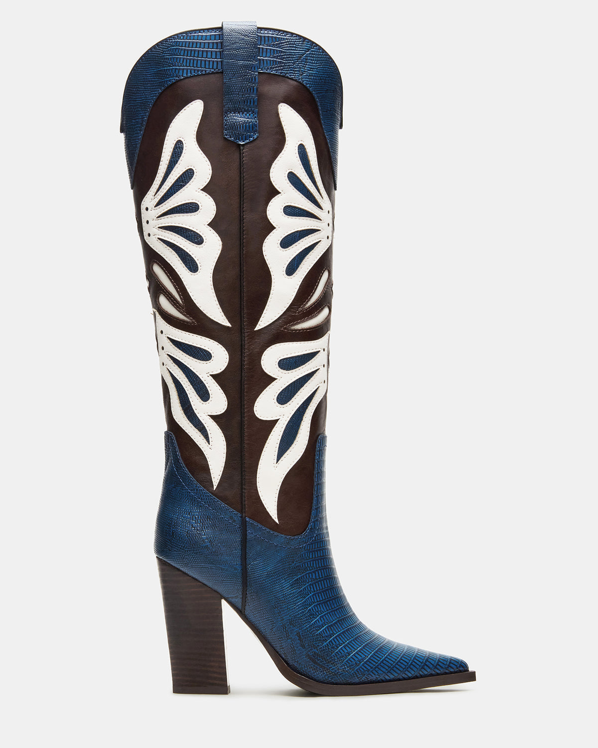 KAZ Blue/White Pointed-Toe Knee-High Block Heel Western Women's Boot | Steve Madden Discount