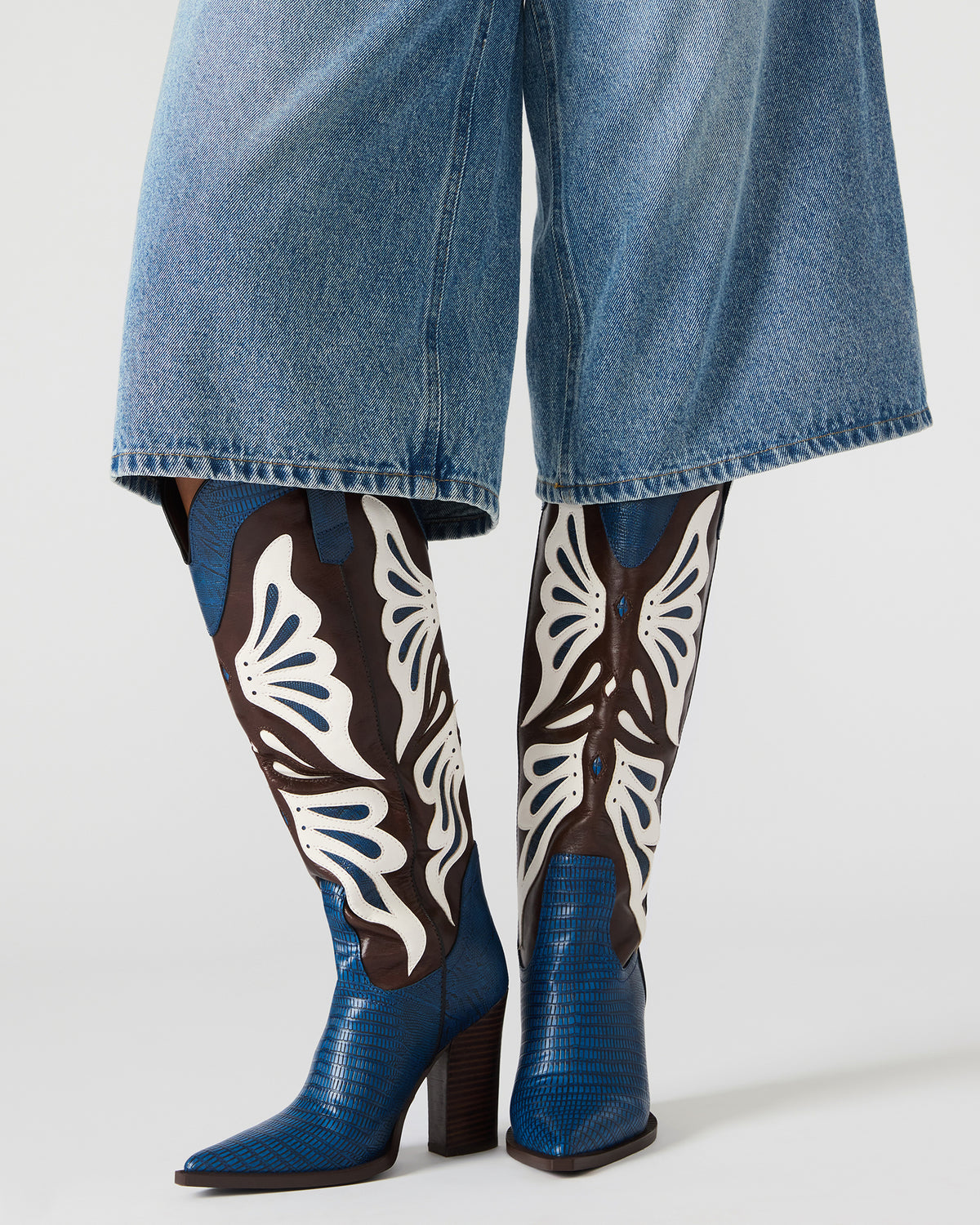 KAZ Blue/White Pointed-Toe Knee-High Block Heel Western Women's Boot | Steve Madden Discount