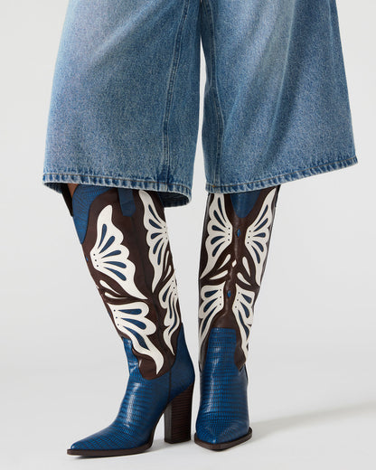 KAZ Blue/White Pointed-Toe Knee-High Block Heel Western Women's Boot | Steve Madden Discount