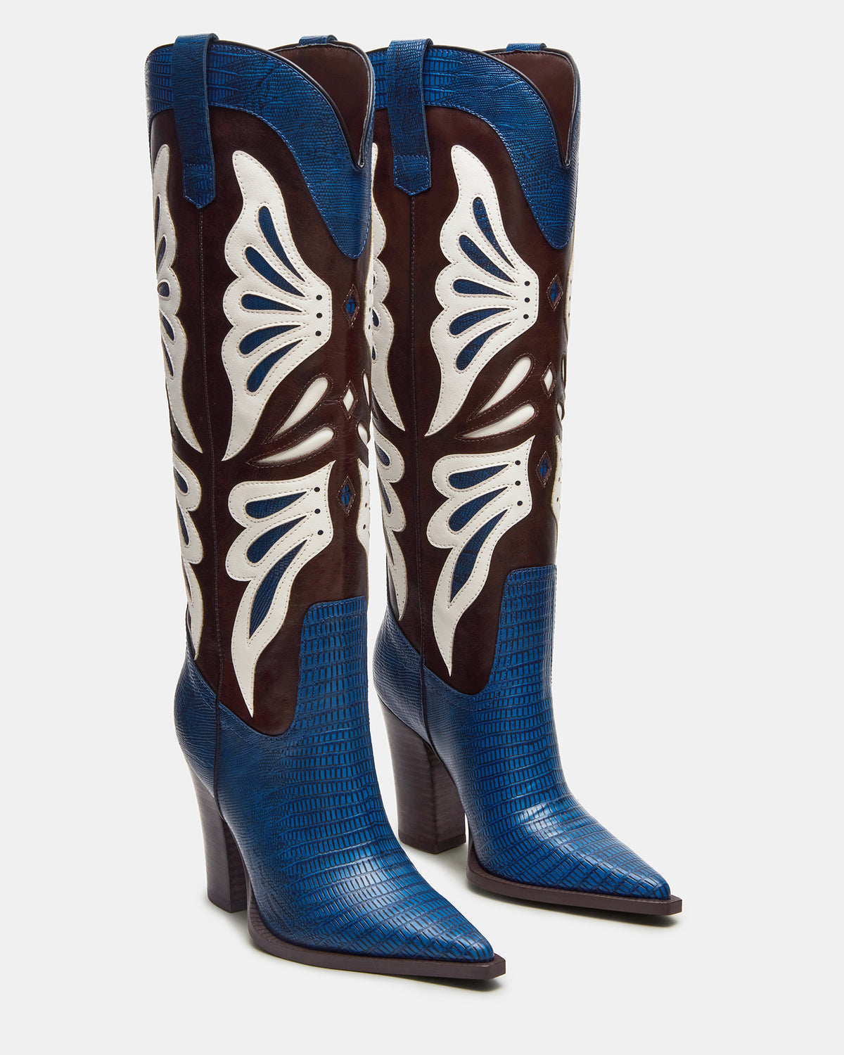 KAZ Blue/White Pointed-Toe Knee-High Block Heel Western Women's Boot | Steve Madden Discount