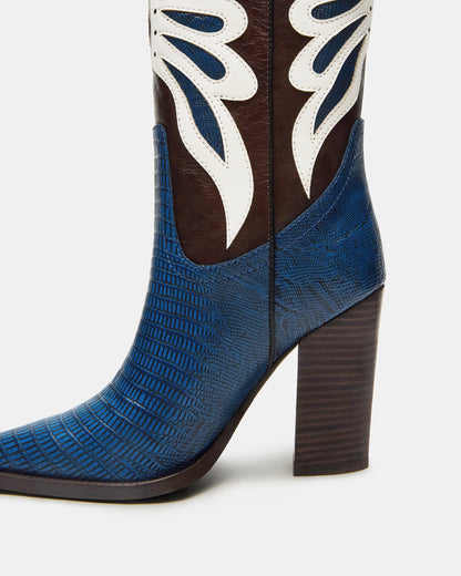 KAZ Blue/White Pointed-Toe Knee-High Block Heel Western Women's Boot | Steve Madden Discount