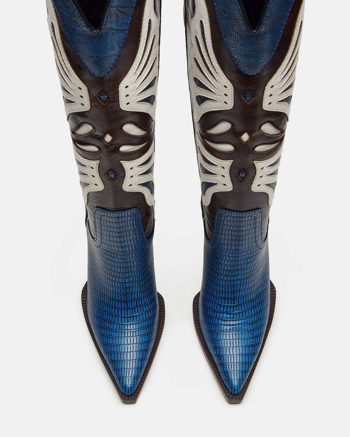 KAZ Blue/White Pointed-Toe Knee-High Block Heel Western Women's Boot | Steve Madden Discount
