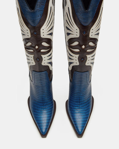 KAZ Blue/White Pointed-Toe Knee-High Block Heel Western Women's Boot | Steve Madden Discount