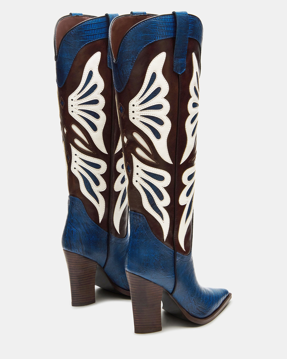 KAZ Blue/White Pointed-Toe Knee-High Block Heel Western Women's Boot | Steve Madden Discount