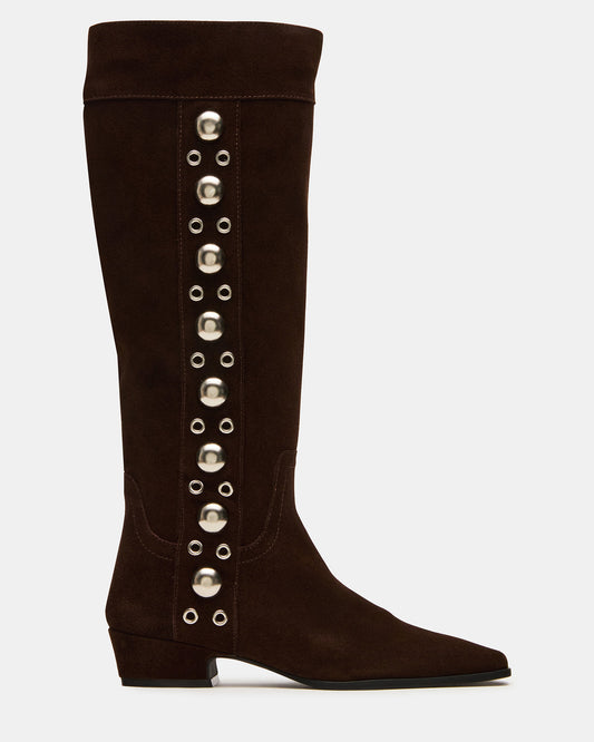 DINGO Brown Suede Studs Knee-High Square-Toe Women's Boot | Steve Madden Classic