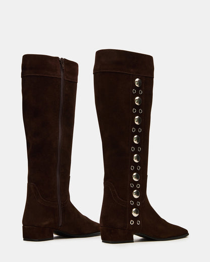 DINGO Brown Suede Studs Knee-High Square-Toe Women's Boot | Steve Madden Classic