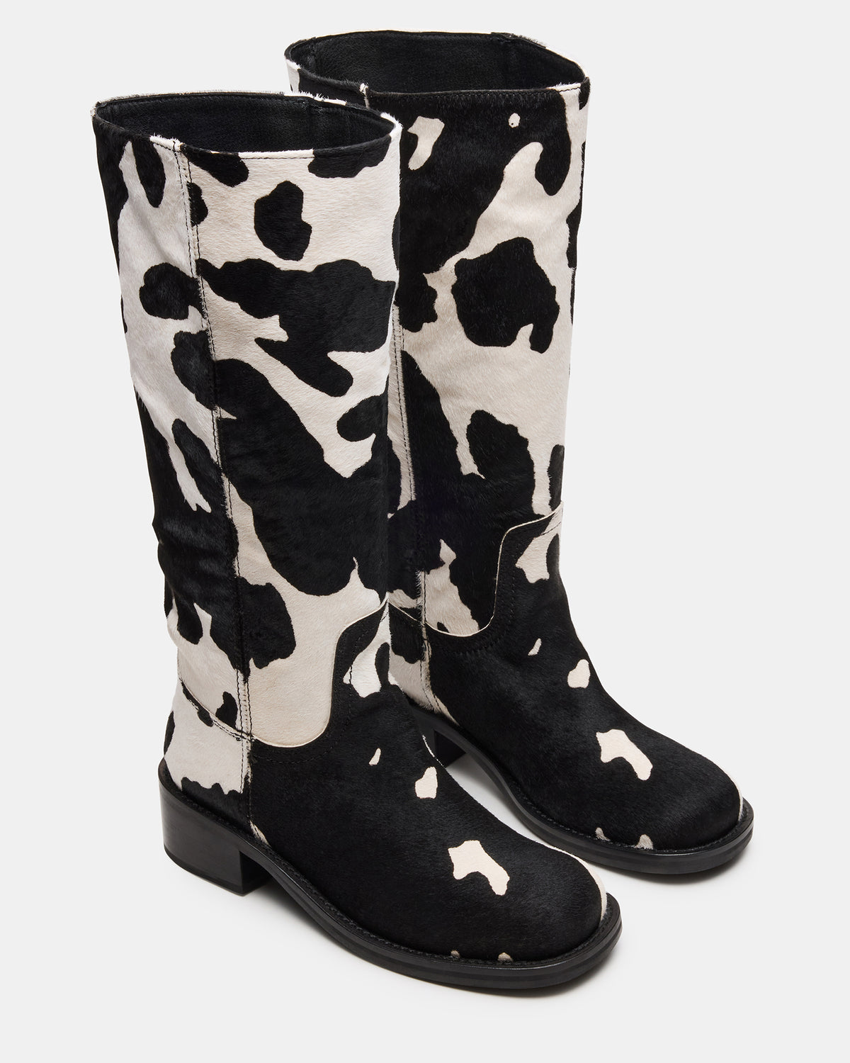 RIGGS Black Cow Print Wide Calf Square-Toe Women's Boot | Steve Madden Classic