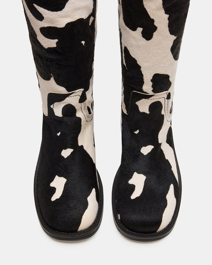 RIGGS Black Cow Print Wide Calf Square-Toe Women's Boot | Steve Madden Classic