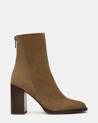 OBSESSION Taupe Suede Rounded Toe Block Heel Women's Ankle Boot | Steve Madden Essential