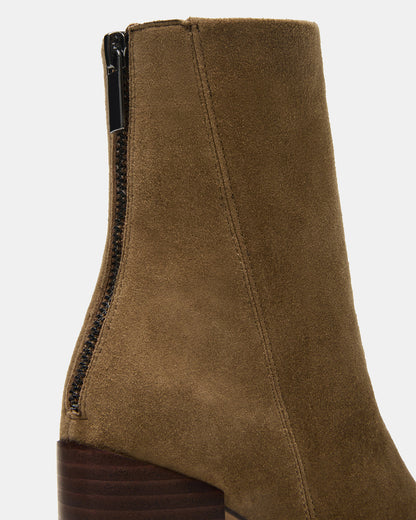 OBSESSION Taupe Suede Rounded Toe Block Heel Women's Ankle Boot | Steve Madden Essential