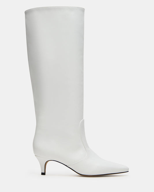 LANDER White Leather Knee-High Kitten Heel Women's Boot | Steve Madden Signature