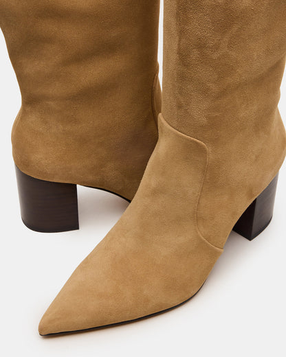 SKYLINE Taupe Suede Knee-High Pointed Toe Women's Boot | Steve Madden Top Pick