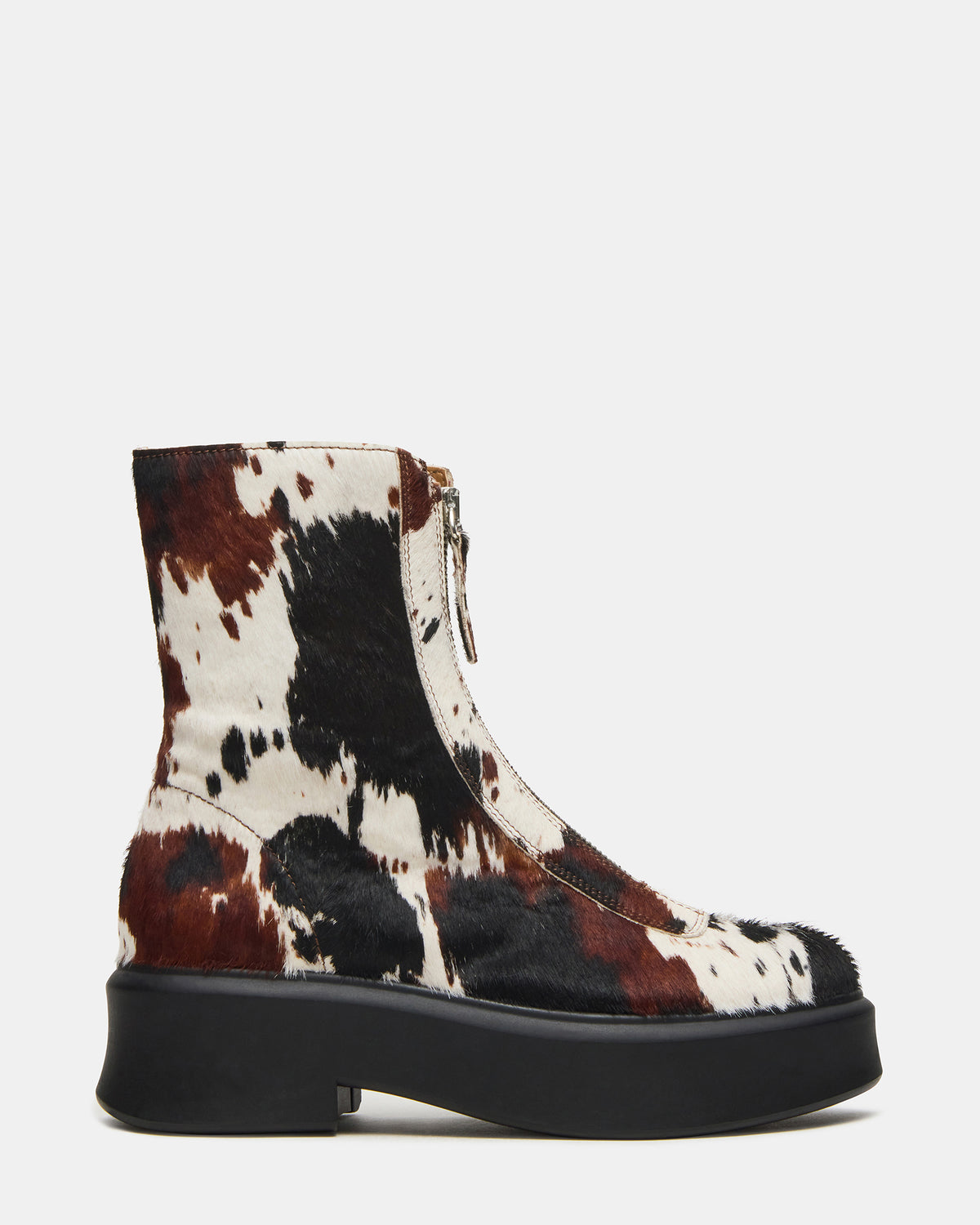 JONES Brown Cow Print Zipper Lug Women's Ankle Boot | Steve Madden New